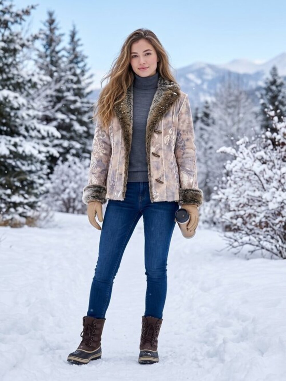 Women's 6 Skea Painted Faux Sheepskin Shearling Fur Jacket Toggle Coat USA Made
